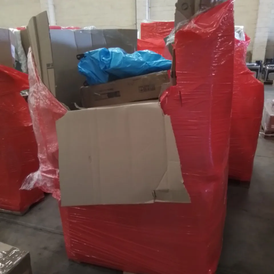 PALLET CONTAINING ASSORTED HOUSEHOLD & HOME IMPROVEMENT PRODUCTS. INCLUDES INK CARTRIDGES, PULL-UP BAR, BEACH POP-UP TENT, COMPUTER CHAIR, SEAT CUSHIONS ETC 