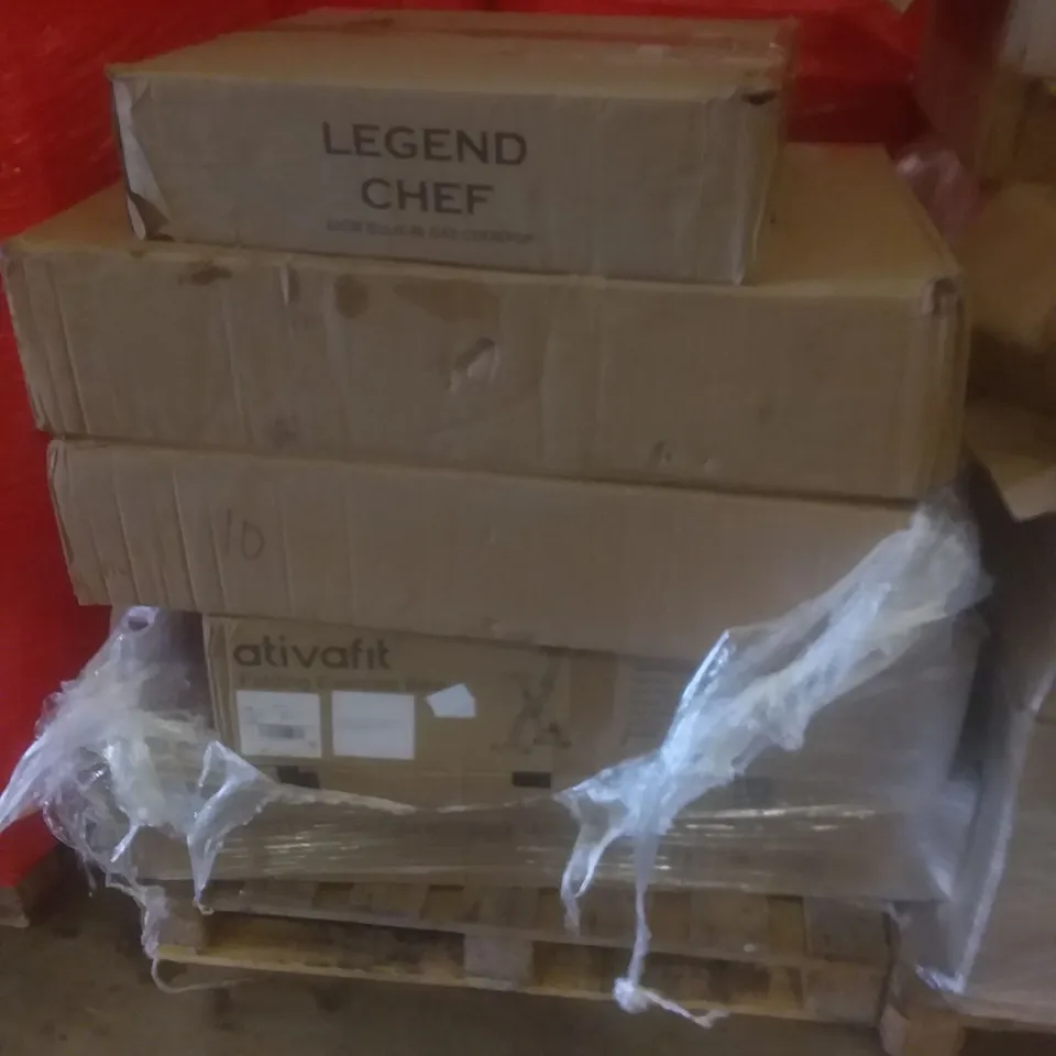PALLET OF ASSORTED ITEMS INCLUDING BUILT-IN GAS COOKTOP, MASSAGER, FOLDING EXCERCISE BIKE, GYM WORKBENCH