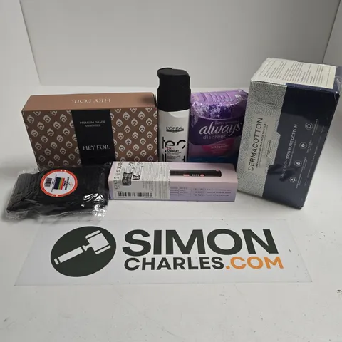 APPROXIMATELY 12 ASSORTED HEALTH & BEAUTY PRODUCTS TO INCLUDE DERMACOTTON ACE TOWELS, ALWAYS DISCREET PADS, HEY FOIL PEACOCK, ETC - COLLECTION ONLY