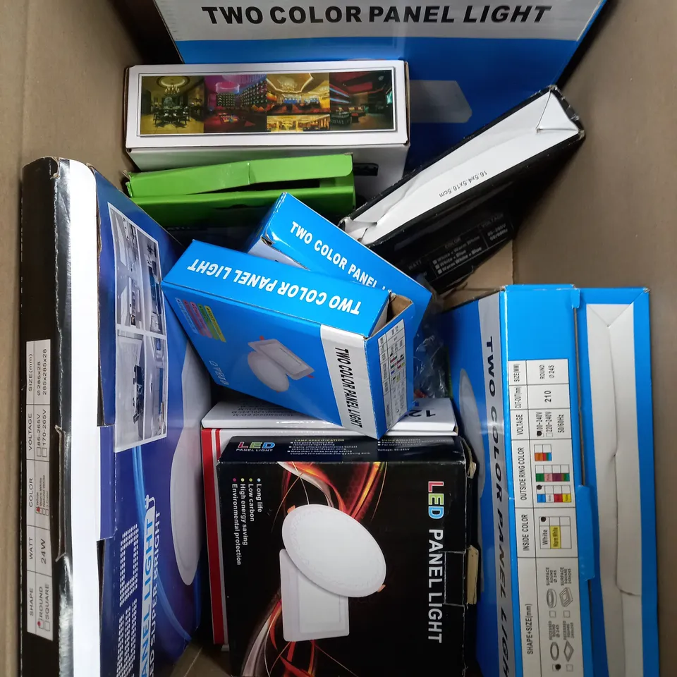 BOX OF APPROXIMATELY 10 ASSORTED ITEMS TO INCLUDE LED STRIPS, COLOUR PANEL LIGHT, LED PANEL LIGHT ETC