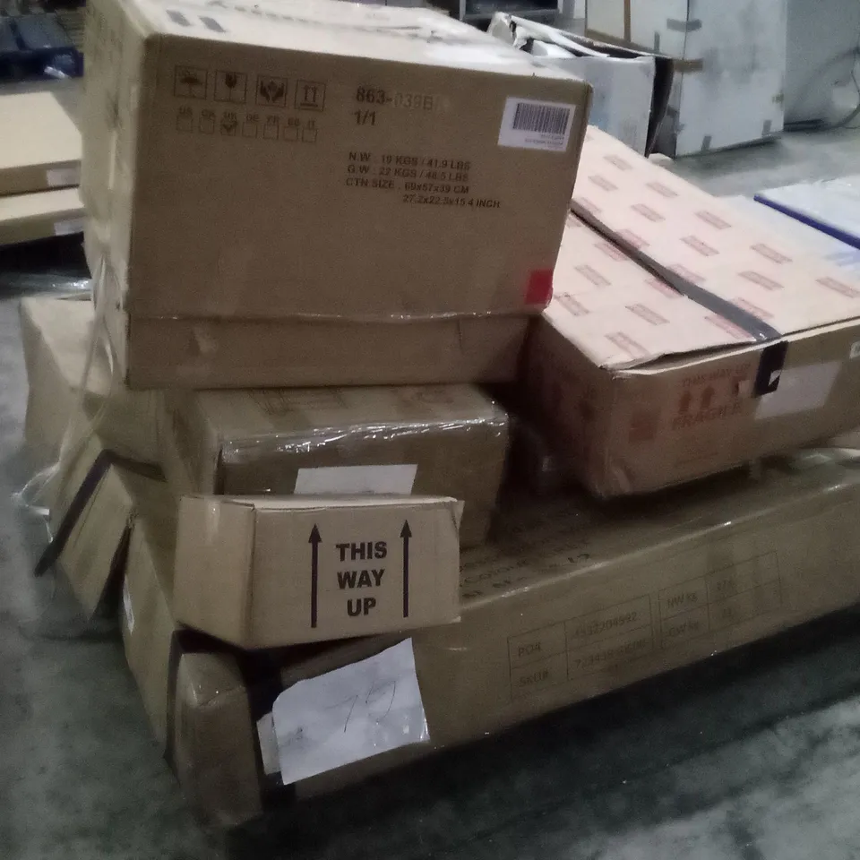 PALLET OF ASSORTED BOXED PRODUCTS INCLUDING KITCHEN TROLLEY, HANGING CHAIR, FRANKE STAINLESS STEEL SINK