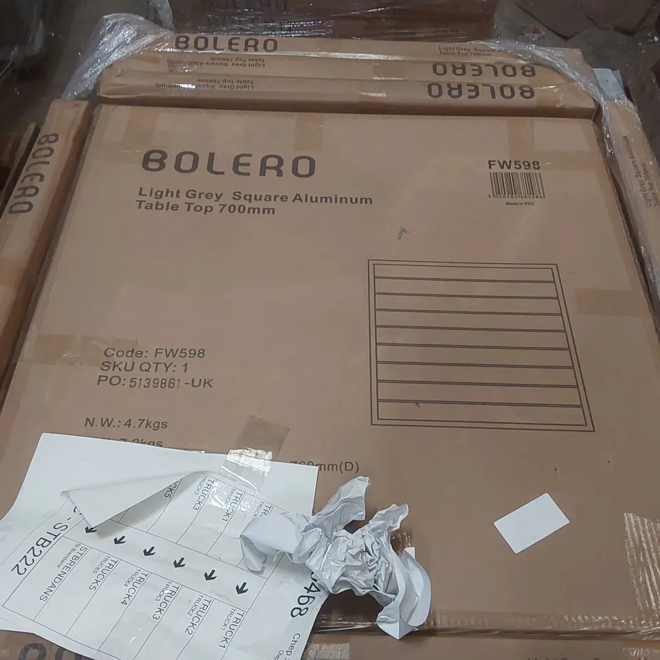 PALLET CONTAINING A VERY LARGE QUANTITY OF BRAND NEW BOLERO ALUMINIUM TABLE TOPS