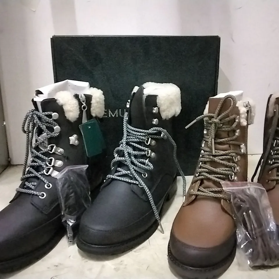 BOXED EMU AUSTRALIA WOMENS BOOTS , 3 PAIRS BLACK UK 6 , 2 PAIR OAK UK 3
