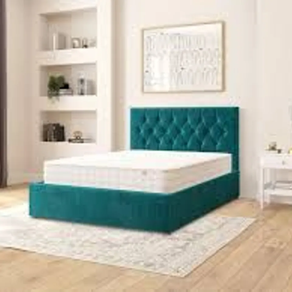 BOXED OLIVIER FABRIC OTTOMAN BED 4FT6 DOUBLE PLUSH VELVET - EMERALD (2 BOXES)