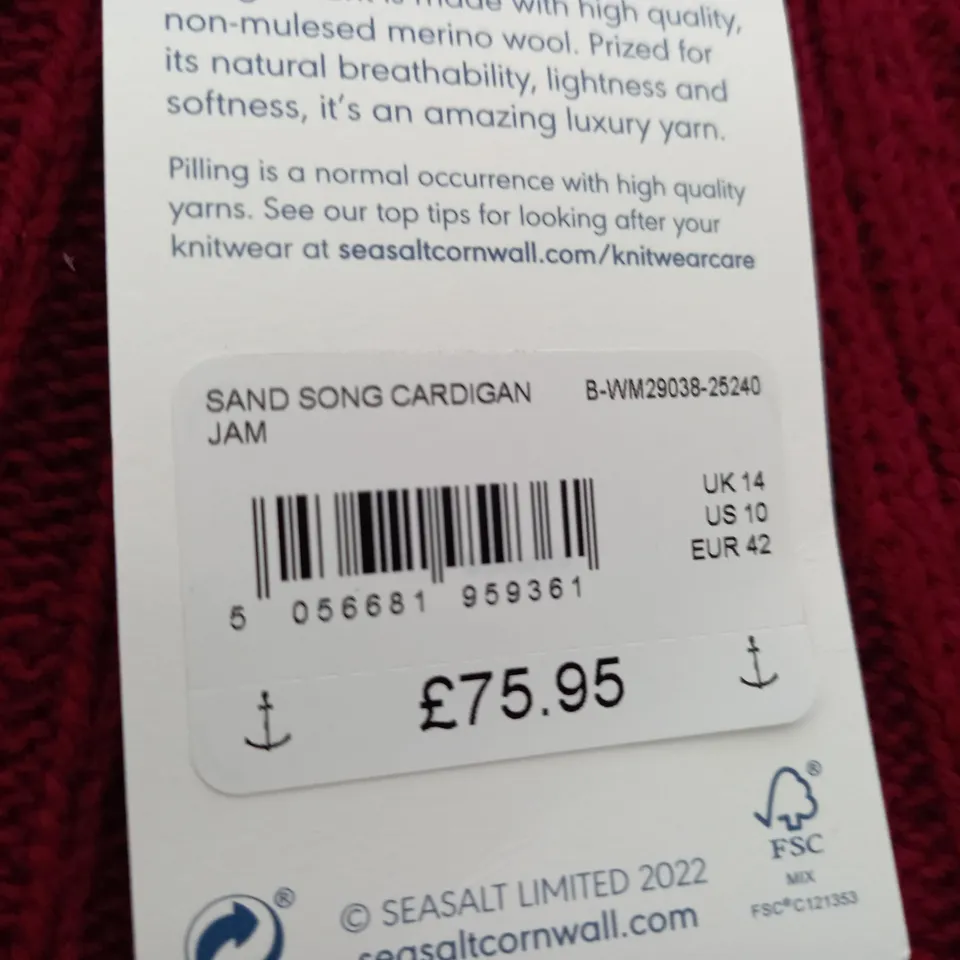 SEASALT CORNWALL SAND SONG CARDIGAN IN RED - UK SIZE 14