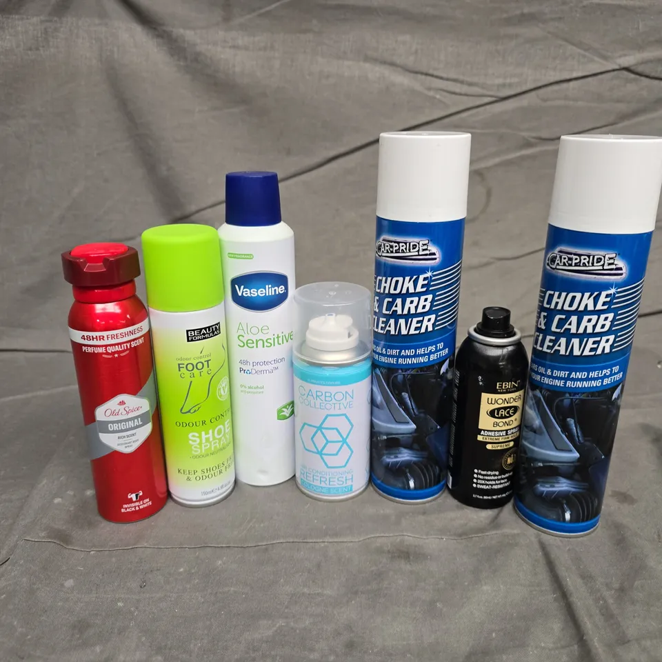APPROXIMATELY 20 ASSORTED AEROSOLS TO INCLUDE CAR PRIDE CHOKE & CARB CLEANER, CARBON COLLECTIVE AIR CONDITIONING REFRESH, OLD SPICE ORIGINAL, ETC - COLLECTION ONLY