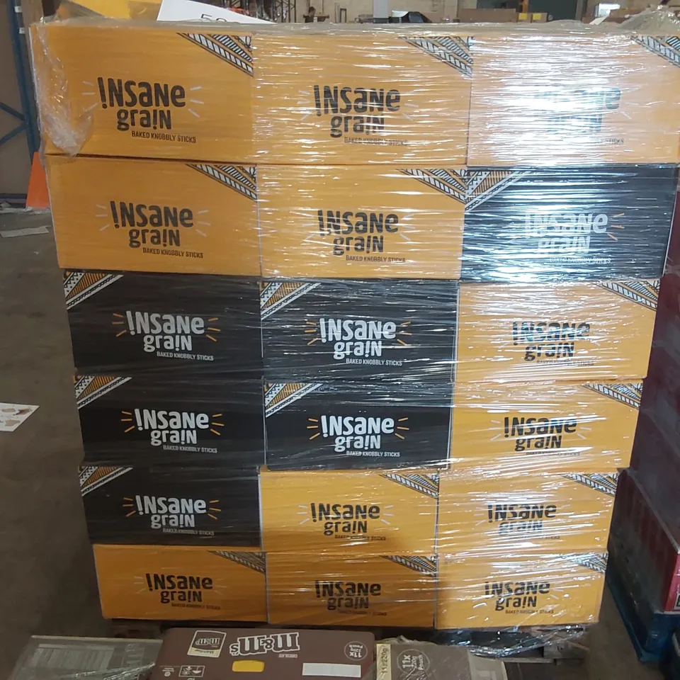 PALLET TO CONTAIN APPROX 108 BOXES OF INSANE GRAIN BAKED KNOBBLY STICKS - 10 X 80g BAGS PER BOX // BEST BEFORE: 04/04/25