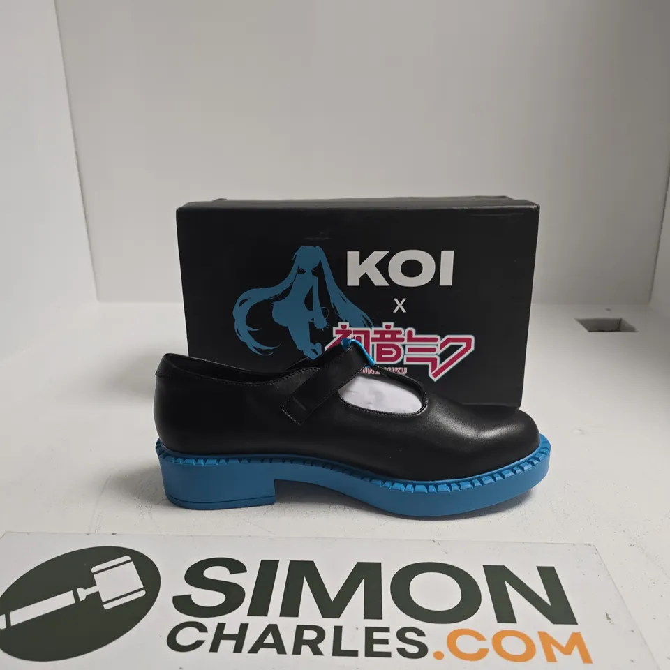 KOI X HATSUNE MIKU TALE MARY JANES SHOES – BLACK LEATHER WITH BLUE PLATFORM SOLE UK SIZE 10