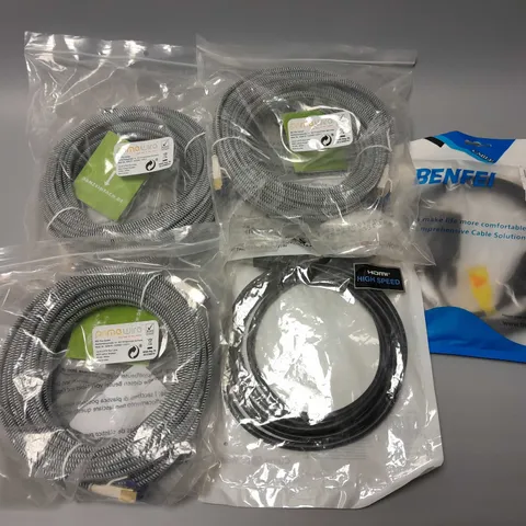 APPROXIMATELY 5 ASSORTED CABLES TO INCLUDE 2M HIGH-SPEED HDMI CABLE, VGA TO DISPLAY PORT, CAT.8 U/FTP FLAT CABLE, ETC