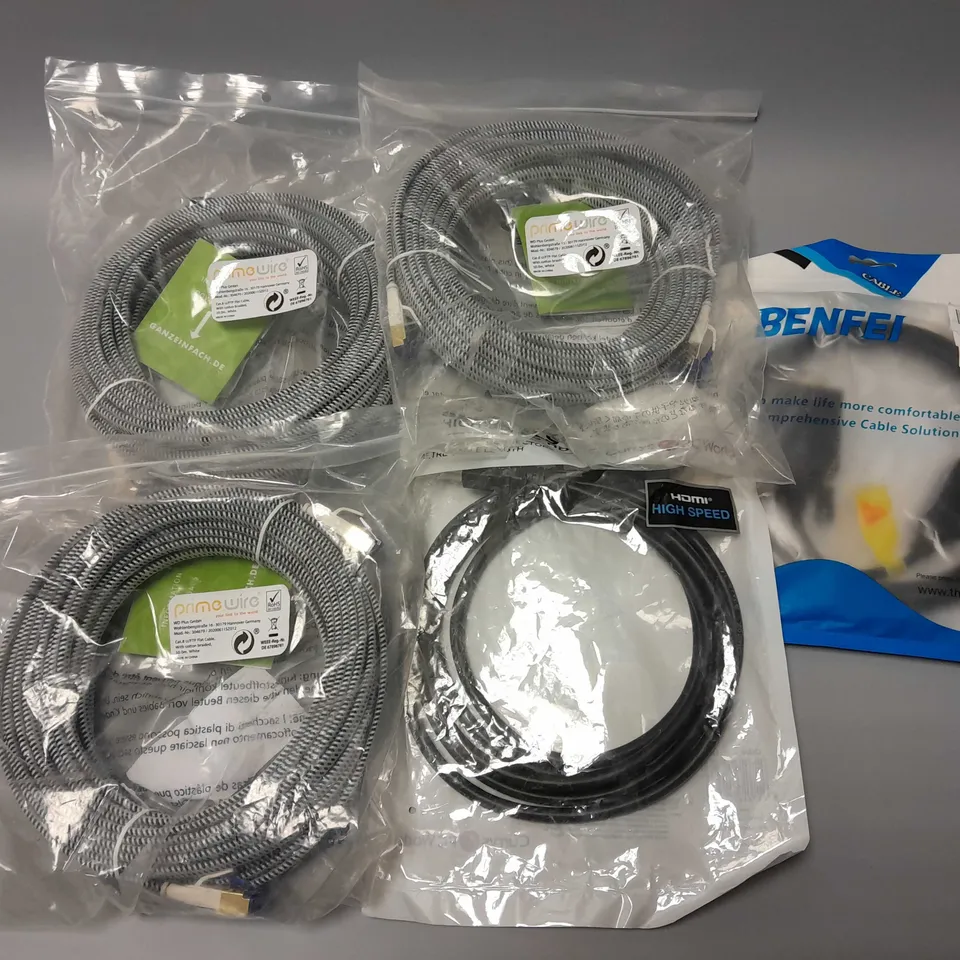 APPROXIMATELY 5 ASSORTED CABLES TO INCLUDE 2M HIGH-SPEED HDMI CABLE, VGA TO DISPLAY PORT, CAT.8 U/FTP FLAT CABLE, ETC
