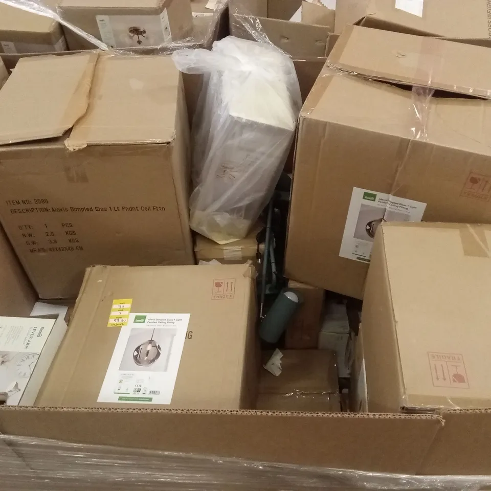 PALLET TO CONTAIN APPROXIMATELY 29 DESIGNER INDOOR LIGHTING PRODUCTS TO INCLUDE; FLOOR LAMPS, CEILING LIGHTS, WALL LIGHTS ETC