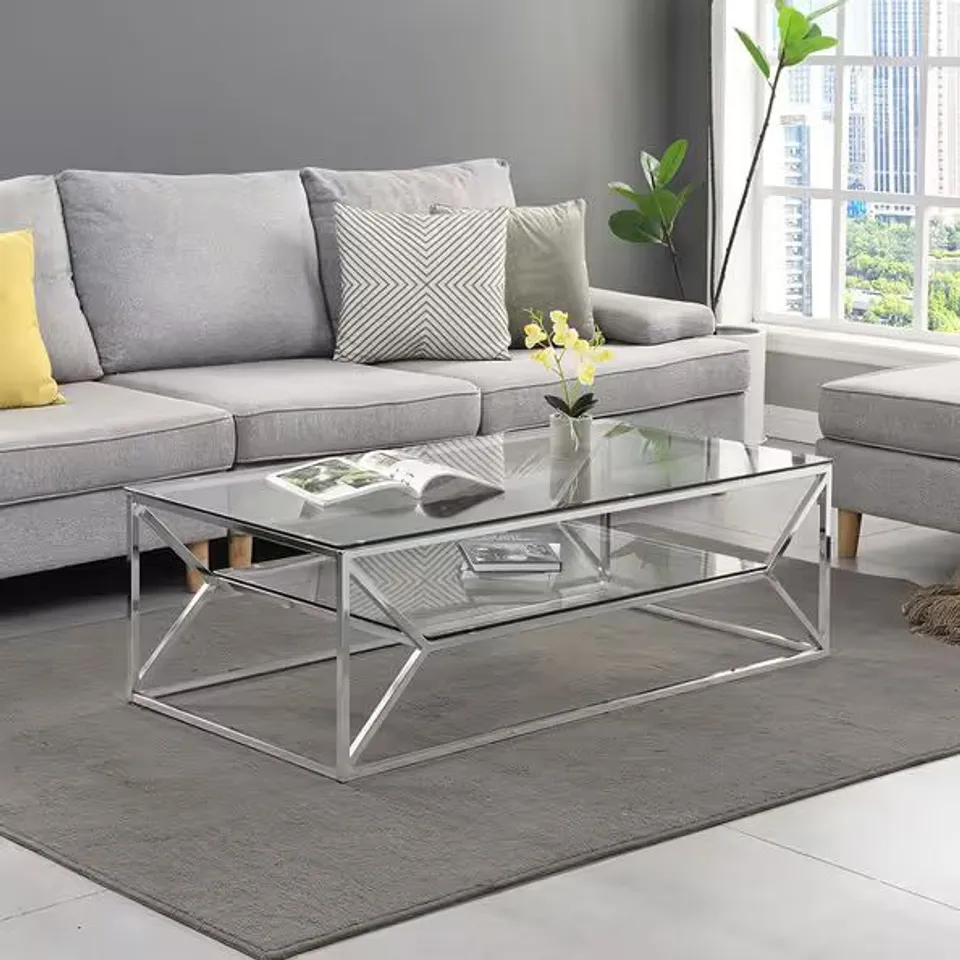 BOXED BALNAIN CLEAR GLASS TOP COFFEE TABLE WITH SILVER FRAME (1 BOX)