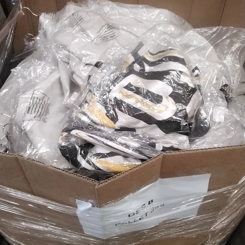 A PALLET CONTAINING APPROXIMATELY 100 BRAND NEW DESIGNER WOMEN'S CLOTHES WHICH INCLUDE; JD WILLIAMS COATS, DRESSES ETC
