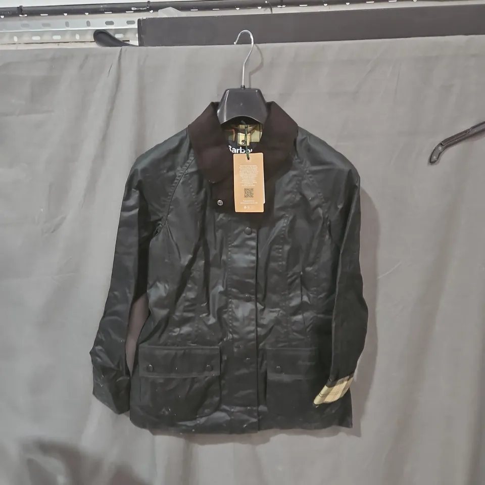 BARBOUR WAXED COTTON JACKET, BLACK WITH TARTAN LINING, CORDUROY COLLAR – UK 8