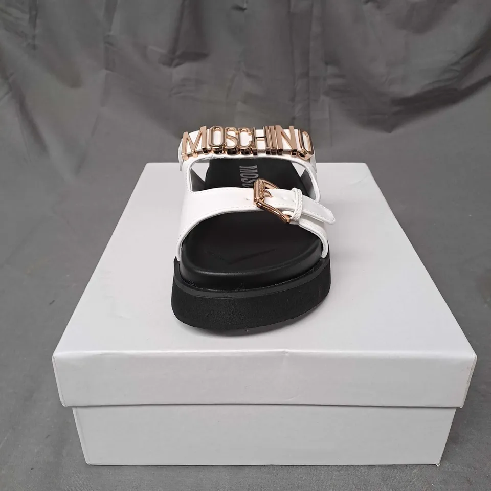 BOXED PAIR OF MOSCHINO SLIDERS SIZE EU 36