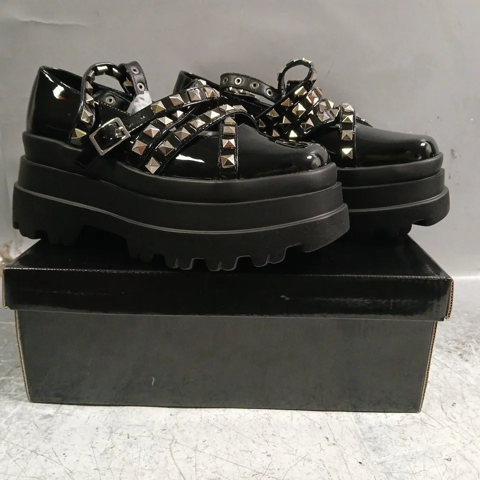BOXED PAIR OF KOI SIMA STUDDED PLATFORM BALLET SHOES IN BLACK - UK 4