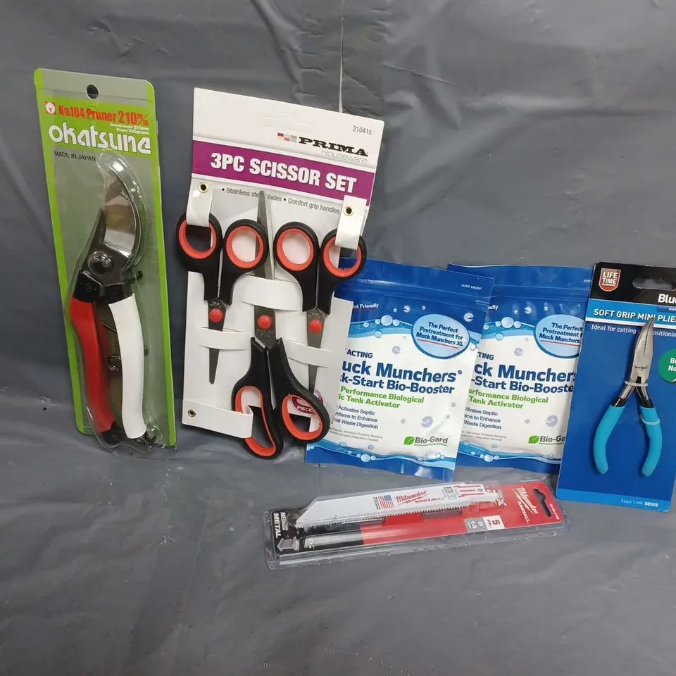 APPROXIMATELY 20 ASSORTED PRODUCTS TO INCLUDE MILWAUKEE 48005182 SAWZALL METAL SABRE BLADE PACK, PRUNER, MINI PLIER, SCISSOR SET