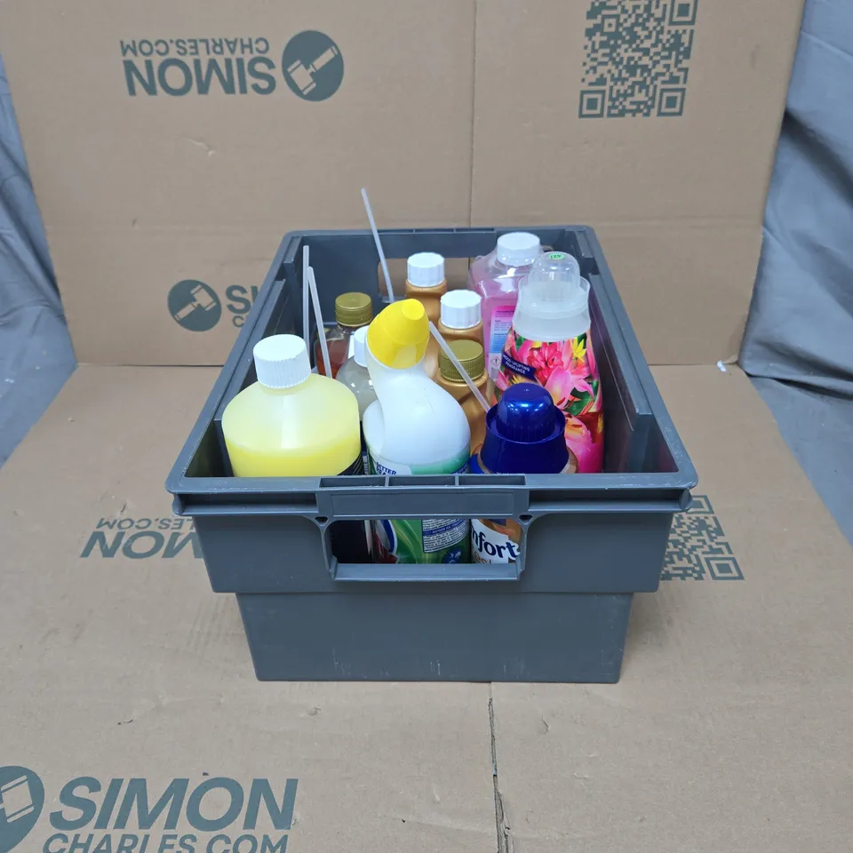 TOTE OF APPROXIMATELY 11 ASSORTED HOUSEHOLD ITEMS TO INCLUDE SURF, COMFORT, TOILET DUCK ETC