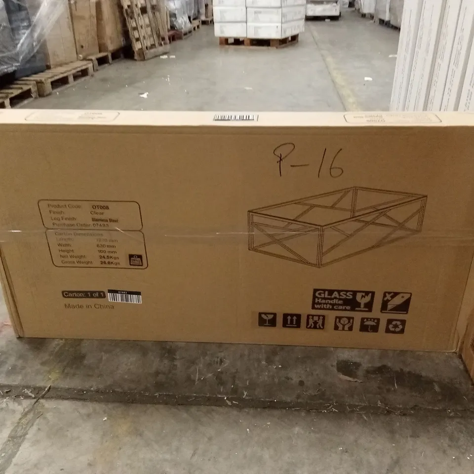 BRAND NEW BOXED COFFEE TABLE - CLEAR TOP/STAINLESS STEEL (1 BOX)
