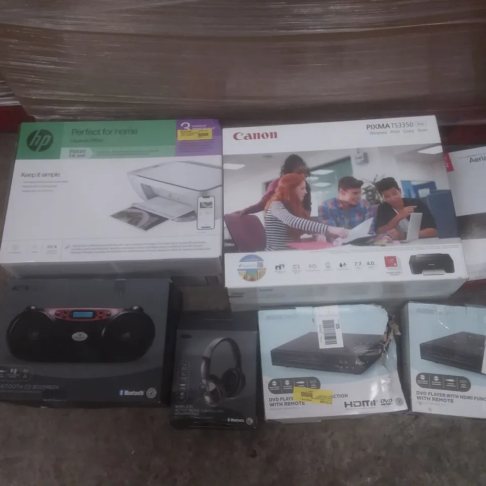 PALLET OF LARGE AMOUNT OF ASSORTED PRODUCTS TO INCLUDE PRINTERS, BOOMBOXES, AND HEADPHONES ETC
