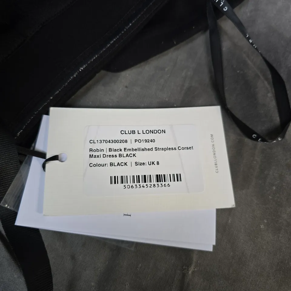 CLUB L LONDON ROBIN BLACK EMBELLISHED STRAPLESS CORSET MAXI DRESS – UK 8