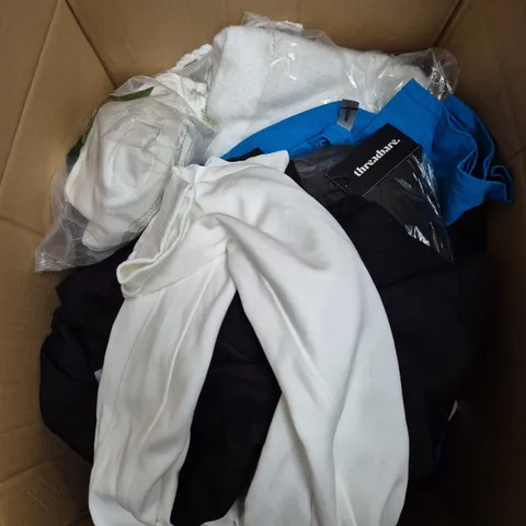 LARGE BOX OF ASSORTED CLOTHING ITEMS IN VARIOUS SIZES, STYLES AND COLOUR 