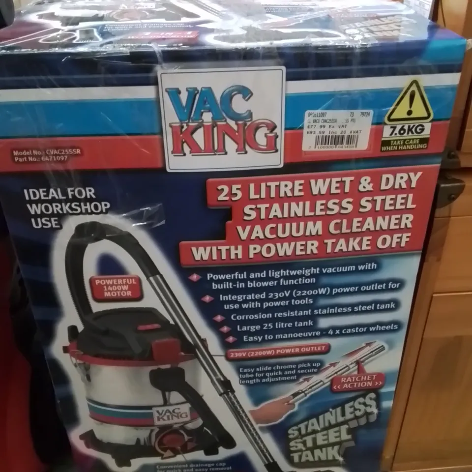 BOXED VAC KING CVAC25SSR 25L STAINLESS STEEL WET & DRY VACUUM CLEANER WITH POWER TAKE-OFF (230V)