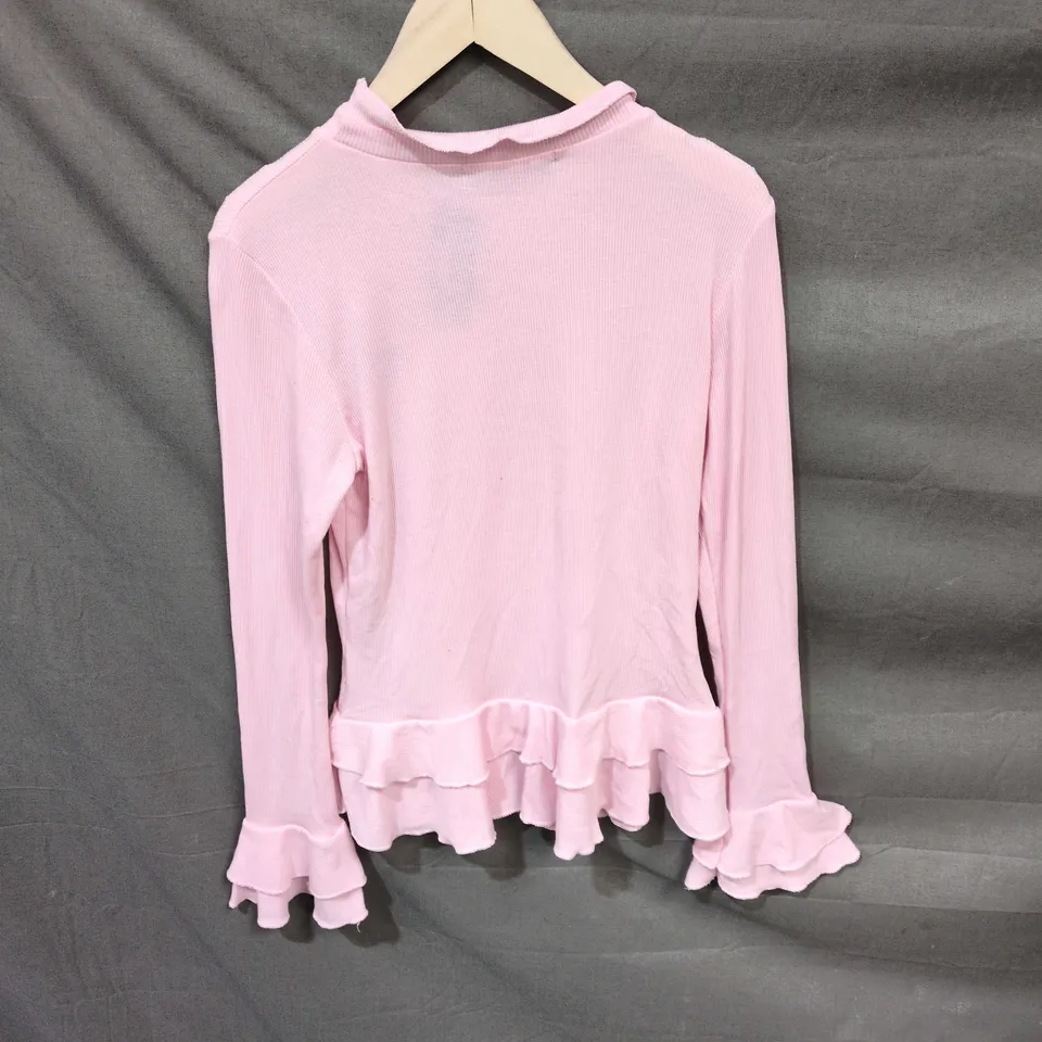 EDGE STREET PINK KNIT CARDIGAN FOR GIRLS – CROWN EMBROIDERY, GOLD BUTTONS, FRILLED HEM