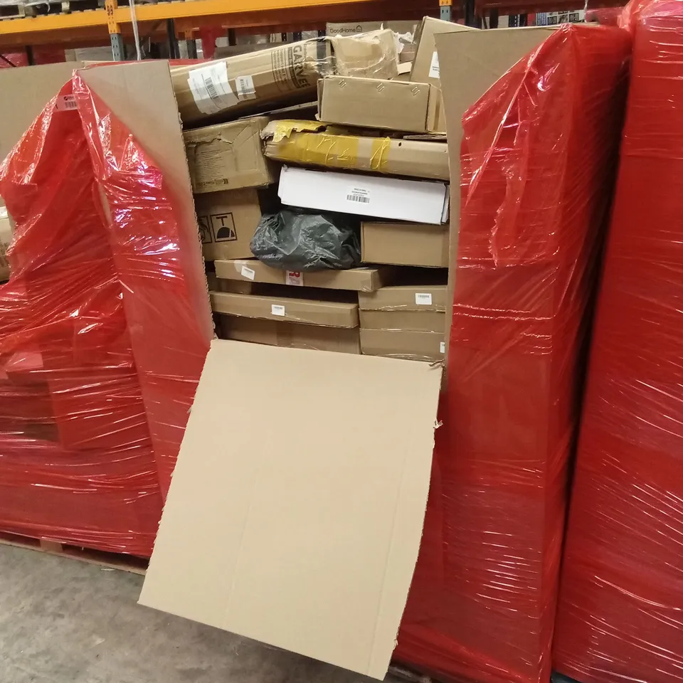 PALLET OF ASSORTED HOUSEHOLD GOODS AND PRODUCTS TO INCLUDE; SHOWER MIXER SYSTEM, CEILING FANS WITH LIGHT, BOXED FURNITURE ETC