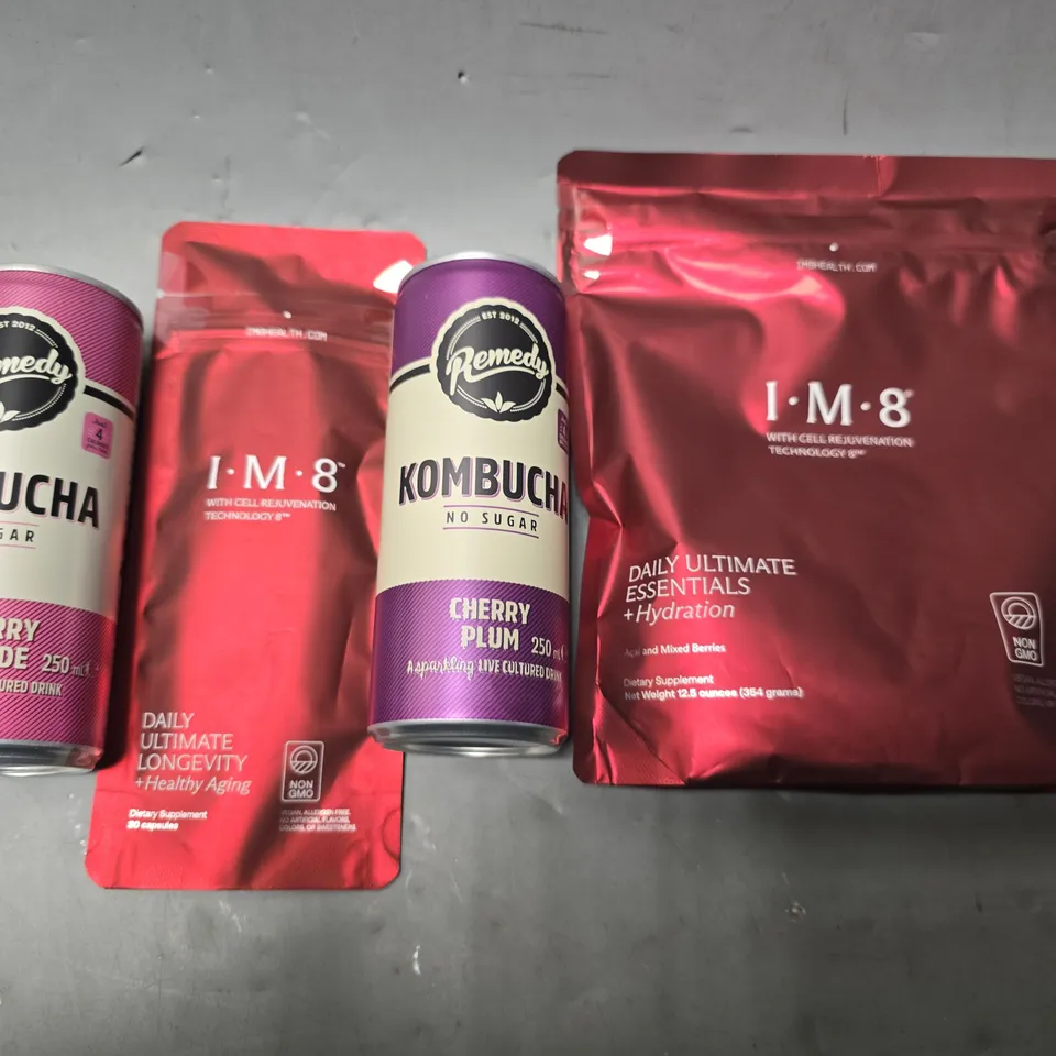 APPROXIMATELY 15 ASSORTED DRINKS ITEMS TO INCLUDE - IMA 8 DAILY ULTIMATE ESSENTIALS , KOMBUCHA CHERRY PLUM ETC