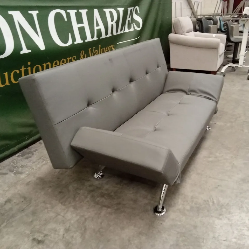 DESIGNER CLICK CLACK FAUX LEATHER SOFA BED - GREY