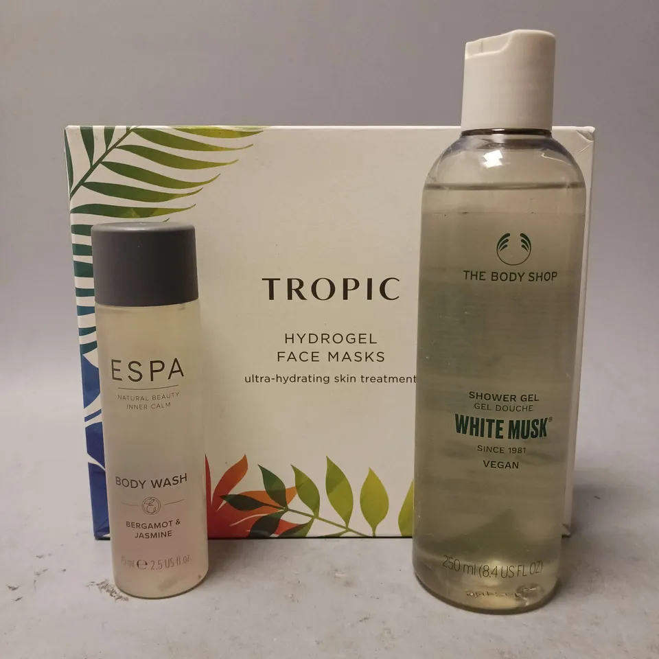 3 ASSORTED HEALTH AND BEAUTY ITEMS TO INCLUDE TROPIC HYDROGEL FACE MASKS, ESPA BERGAMOT & JASMINE BODY WASH (75ML) AND THE BODY SHOP WHITE MUSK SHOWER GEL (250ML).
