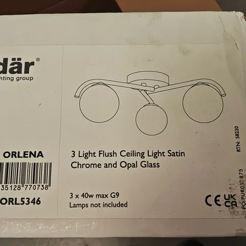 BOXED DAR ORLENA 3-LAMP FLUSH CEILING LIGHT IN SATIN CHROME AND OPAL GLASS