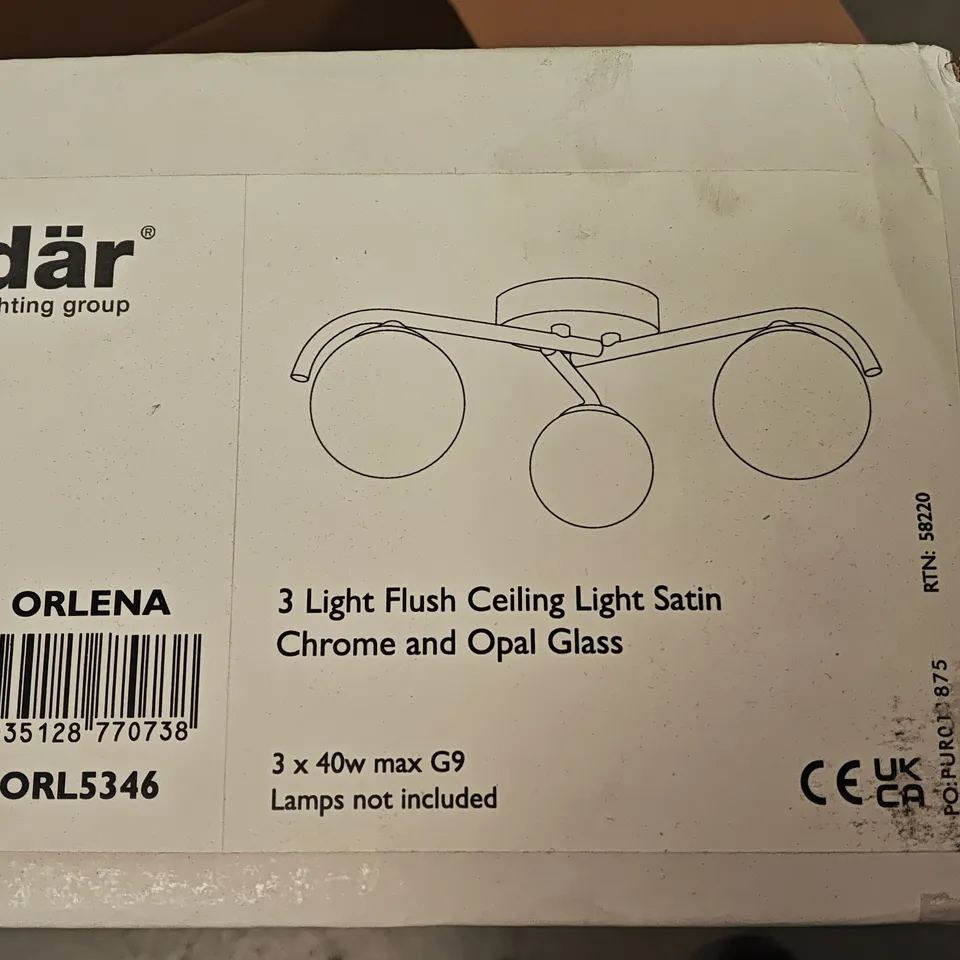 BOXED DAR ORLENA 3-LAMP FLUSH CEILING LIGHT IN SATIN CHROME AND OPAL GLASS