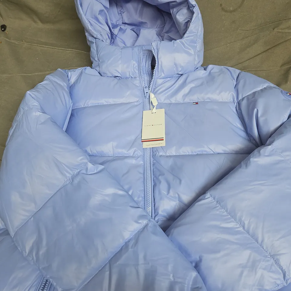 TOMMY HILFIGER ESSENTIAL DOWN JACKET – VINTAGE IRIS, HOODED PUFFER, SIZE 16 (UK)