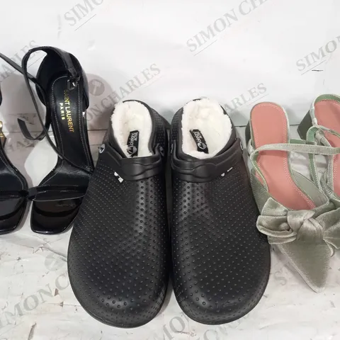 BOX OF APPROXIMATELY 15 ASSORTED PAIRS OF SHOES AND FOOTWEAR ITEMS IN VARIOUS STYLES AND SIZES TO INCLUDE LAKELAND, ASOS DESIGN, SAINT LAURENT, ETC