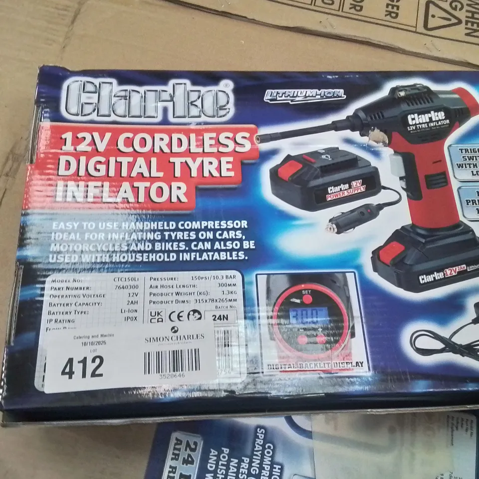 CLARKE 12V CORDLESS DIGITAL TYRE INFLATOR – BOXED