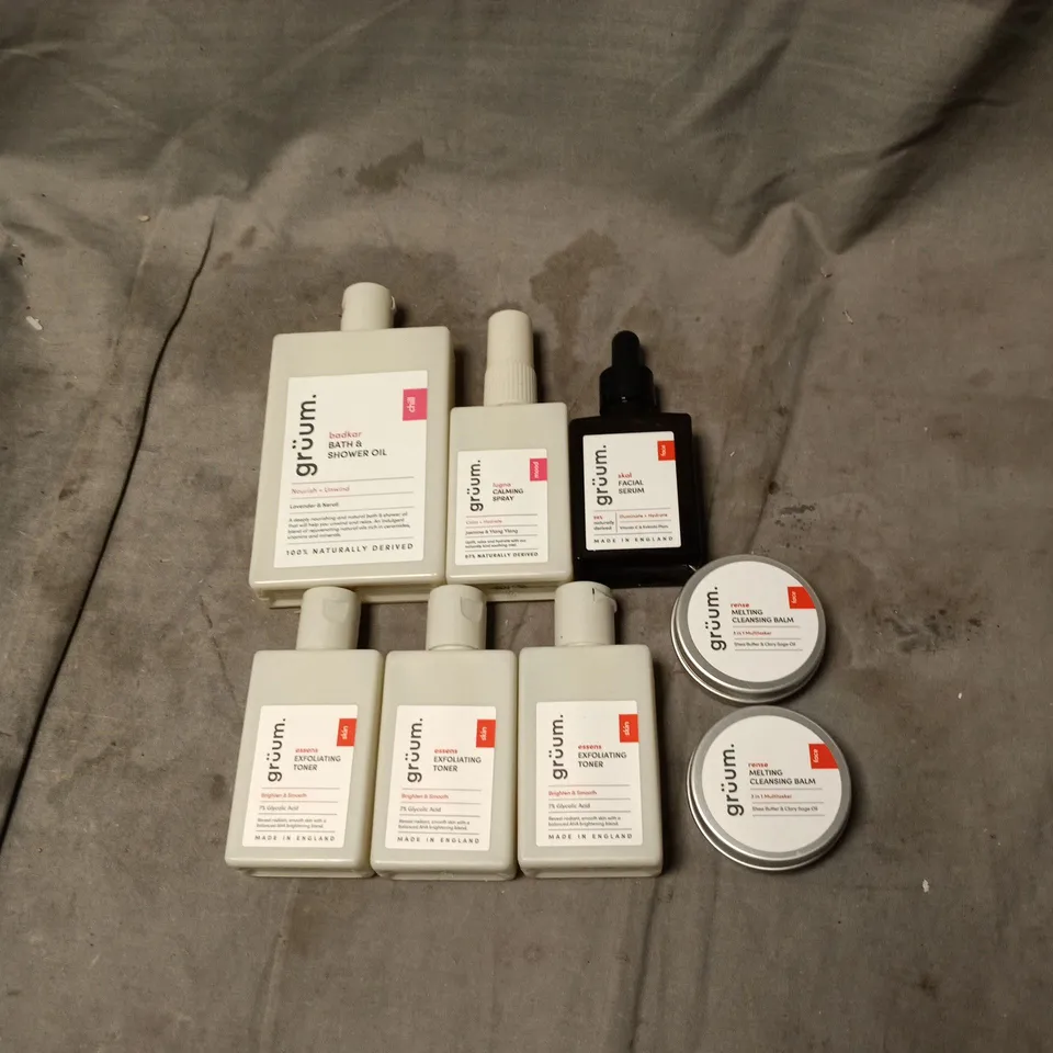 8 X GRUUM PRODUCTS TO INCLUDE FACIAL SERUM, CLEANSING BALM, BATH AND SHOWER OIL