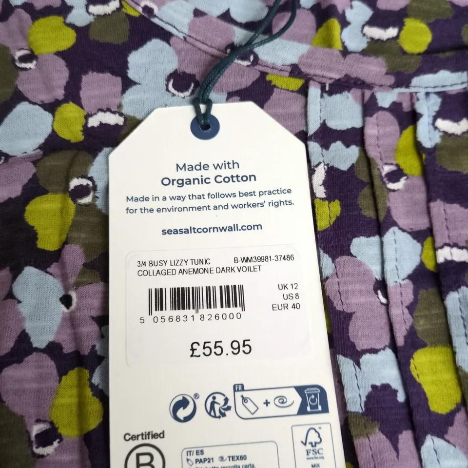 SEASALT CORNWALL WOMEN'S BUSY LIZZY TUNIC DRESS – FLORAL PURPLE, ORGANIC COTTON, UK 12