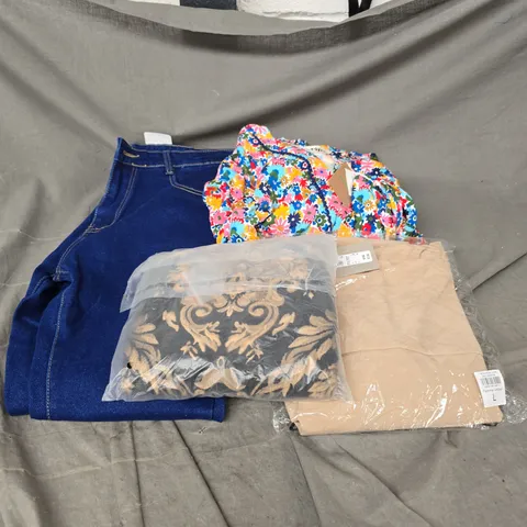 BOX OF APPROXIMATELY 20 ASSORTED CLOTHING ITEMS TO INCLUDE DRESS, JEANS, JACKET, ETC