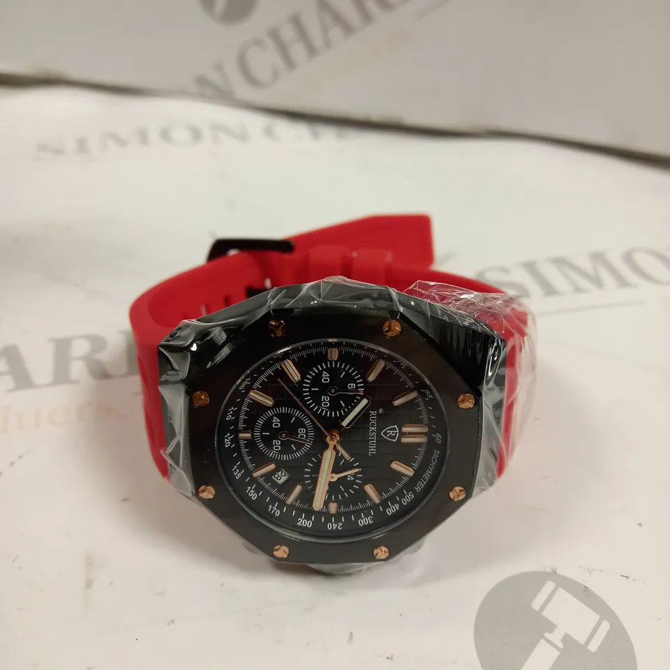 MEN’S RUCKSTUHL CHRONOGRAPH R400 WATCH – BLACK COLOUR CASE – BLACK DIAL – 3ATM WATER RESISTANT – RED RUBBER STRAP