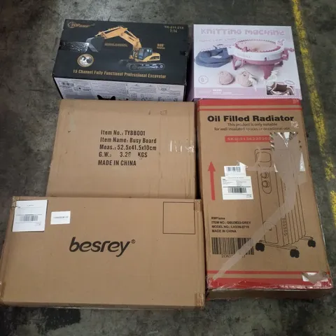 PALLET CONTAINING ASSORTED PRODUCTS INCLUDING KNITTING MACHINE, OIL FILLED RADIATOR, BESREY KIDS SCOOTERS, BUSY BOARD AND EXCAVATOR TOY