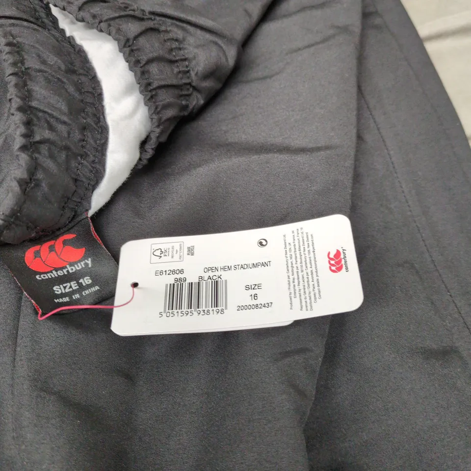 CANTERBURY OF NEW ZEALAND BLACK STADIUM PANT SIZE 16 WITH TAGS