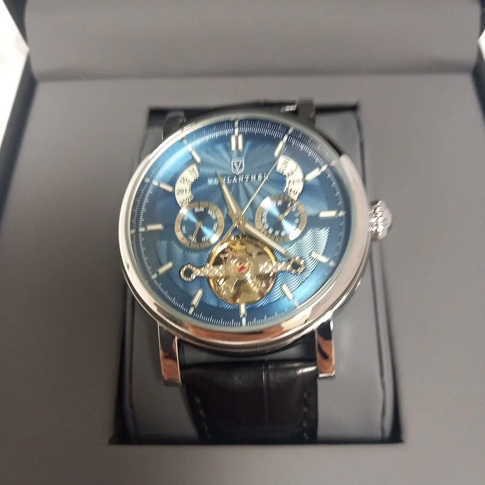 MENS VONLANTHEN AUTOMATIC WATCH – DATE YEAR SUB DIAL COMPLICATIONS – OPEN HEART MOVEMENT – GLASS EXHIBITION BACKCASE – BLACK LEATHER STRAP 