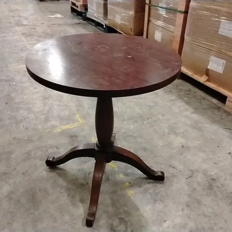 ROUND WOODEN PEDESTAL TABLE – DARK FINISH, SINGLE CENTRAL LEG