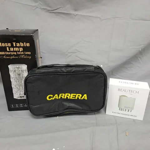 APPROXIMATELY 20 ASSORTED HOUSEHOLD ITEMS TO INCLUDE CARRERA WASH BAG, TABLE LAMP AND BEAUTECH MASSAGE BRUSH