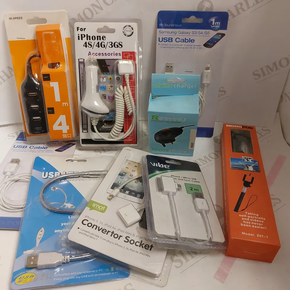 LOT OF 9 ITEMS INCLUDING USB CHARGER, USB HUB, SELFIE STICK