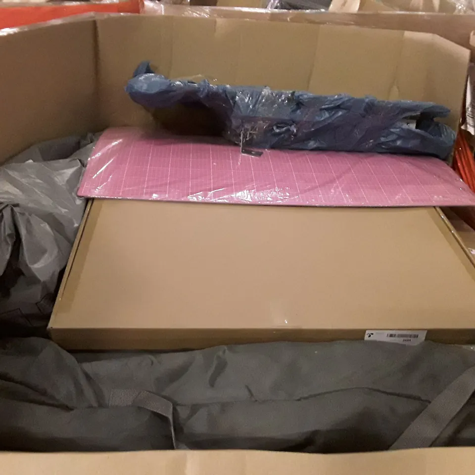 PALLET OF ASSORTED PRODUCTS INCLUDING PORTABLE WARDROBE, A4 BLACK SIGN STAND, COMPUTER DESK, SHOWER MIXER, A1 CUTTING MAT 