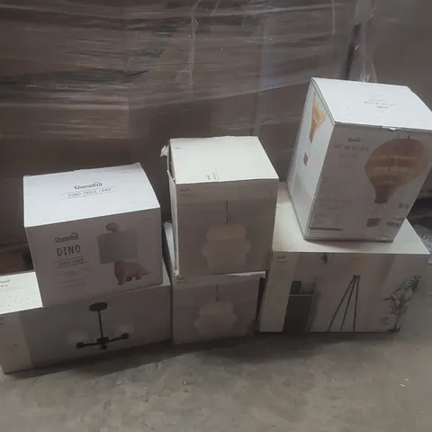 PALLET CONTAINING A VERY LARGE QUANTITY OF ASSORTED DESIGNER LIGHTING PRODUCTS TO INCLUDE: TABLE LAMP, CEILING LIGHTS, FLOOR LAMP ECT