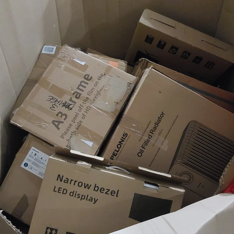 PALLET TO CONTAIN ASSORTED HOUSEHOLD ITEMS AND CONSUMER PRODUCTS. INCLUDING COMPUTER MONITORS, OIL FILLED RADIATOR, BOXED FURNITURE ETC